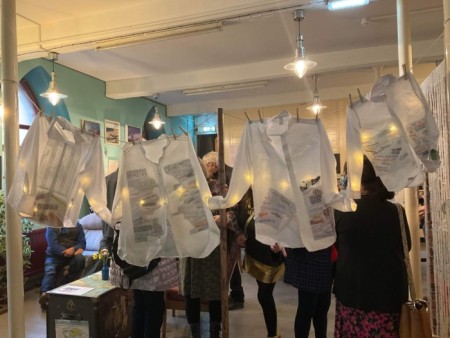 &lsquo;Prop&rsquo; an installation piece by Lyn Kirkland. Waxed shirts hang on the washing line..washing away a families worries.