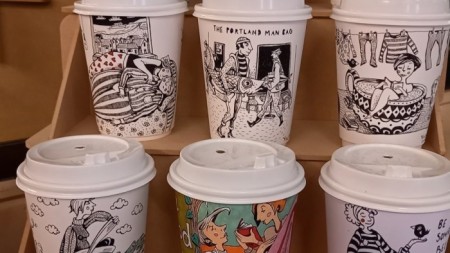 Original illustrations of home life with a twist. These recyclable coffee mugs by Yollande Posthumus are funny and very well done. Available to purchase.